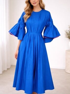 Roksanda Cobalt Blue Pleated w/ Pink Trim | N Bell-Sleeve NWT Midi Dress Size 4